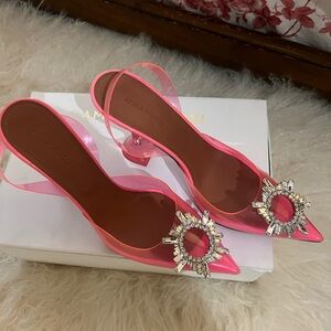 Amina Muaddi Vibrant Pink Heels with Crystal Accents